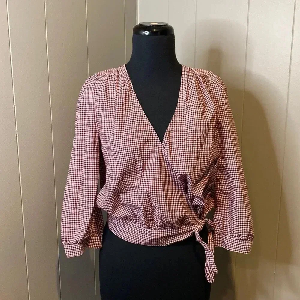 Madewell Small Red Gingham Check Wrap Top Tie Waist 3/4 Sleeves V-Neck - Picture 1 of 9